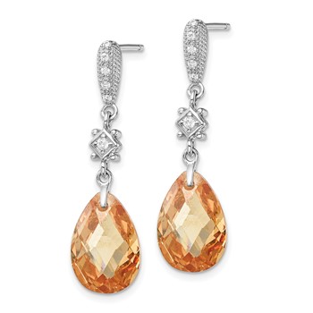 Sterling Silver Rhodium-plated Polished & Textured Champagne & White CZ Teardrop Post Dangle Earrings — alternate view