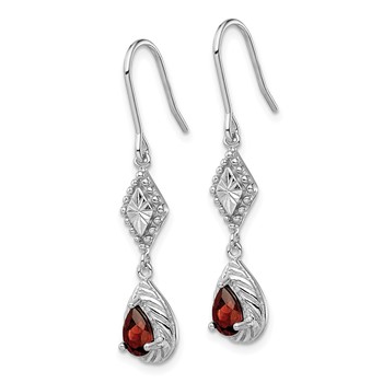Sterling Silver Rhodium-plated Polished Diamond-cut & Textured Red CZ Teardrop Dangle Earrings — alternate view