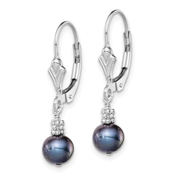 Sterling Silver Rhodium-plated 6-7mm Black Near-Round Freshwater Cultured Pearl Leverback Dangle Earrings — alternate view