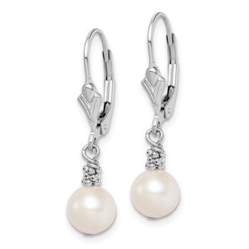Sterling Silver Rhodium-plated Beaded 6-7mm White Near-Round Freshwater Cultured Pearl Leverback Dangle Earrings — alternate view