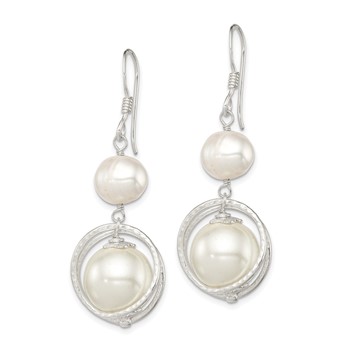 Sterling Silver Polished & Textured White 8-9mm Freshwater Cultured Pearl & 11-12mm Shell Pearl Dangle Earrings — alternate view