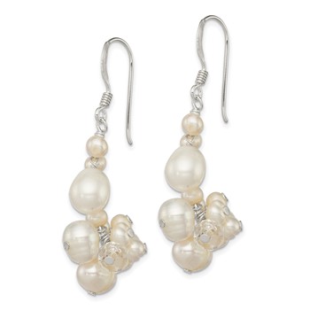 Sterling Silver Polished White Freshwater Cultured Pearl & Crystal Cluster Dangle Earrings — alternate view