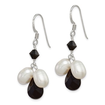 Sterling Silver Polished FWC Pearl / Black Crystal / Onyx Dangle Earrings — alternate view