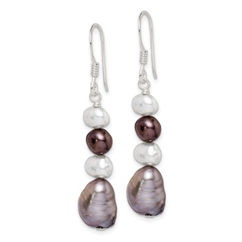 Sterling Silver Polished Black, White and Grey 6-9mm Freshwater Cultured Pearl Dangle Earrings — alternate view