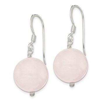 Sterling Silver Polished 12mm Round Rose Quartz Dangle Earrings — alternate view