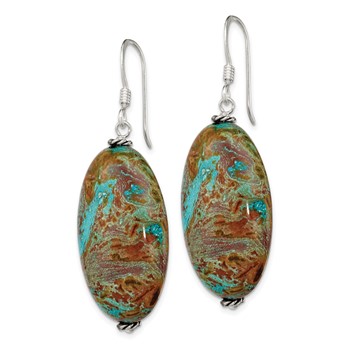 Sterling Silver Polished & Antiqued Twisted Bead & Blue Jasper Oval Dangle Earrings — alternate view
