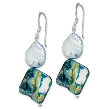 Sterling Silver Polished Blue MOP & White FWC Pearl Dangle Earrings — alternate view