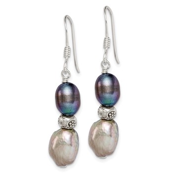 Sterling Silver Polished Antiqued & Beaded Grey & Black 7-8mm Freshwater Cultured Pearl Dangle Earrings — alternate view