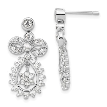 Sterling Silver Rhodium-plated CZ Bow Teardrop Post Dangle Earrings