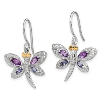 Brilliant Gemstones Sterling Silver with 14K Accent Rhodium-plated Amethyst/Iolite/Diamond Dragonfly Earrings — alternate view
