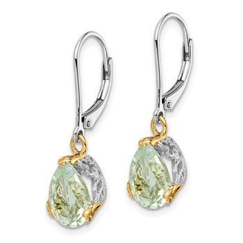 Brilliant Gemstones Sterling Silver with 14K Accent Rhodium-plated Green Quartz Leverback Earrings — alternate view