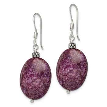 Sterling Silver Polished & Beaded Purple Charoite Oval Dangle Earrings — alternate view