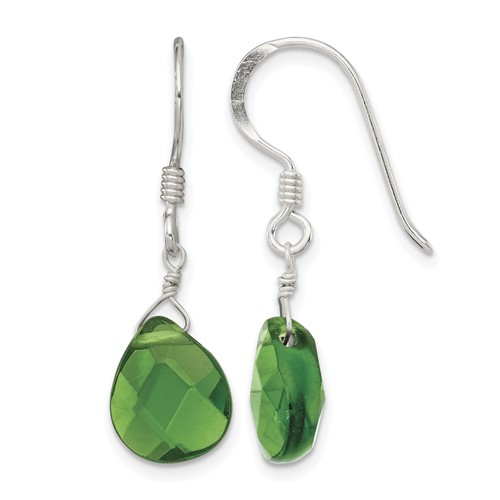 Sterling Silver Polished Dark Green Crystal Teardrop Dangle Earrings