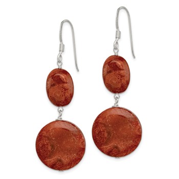 Sterling Silver Polished Round & Oval Recon. Red Coral Dangle Earrings — alternate view