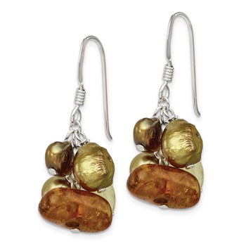 Sterling Silver Polished Amber, Citrine & FW Cultured Pearl Dangle Earrings — alternate view