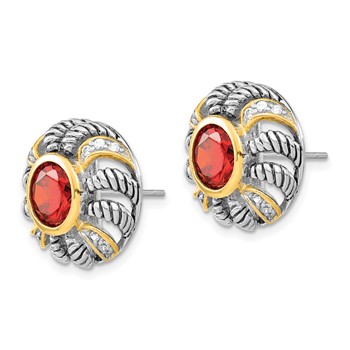 Sterling Silver Gold-plated Polished & Antiqued Red & Clear CZ Circle Post Earrings — alternate view
