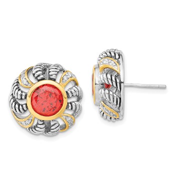 Sterling Silver Gold-plated Polished & Antiqued Red & Clear CZ Circle Post Earrings