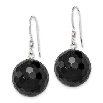 Sterling Silver Polished 17mm Faceted Onyx Bead Dangle Earrings — alternate view