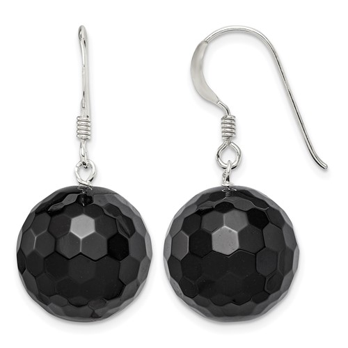 Sterling Silver Polished 17mm Faceted Onyx Bead Dangle Earrings