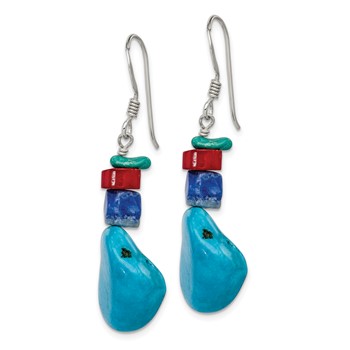 Sterling Silver Red Coral/Howlite/Lapis/Turquoise Dangle Earrings — alternate view