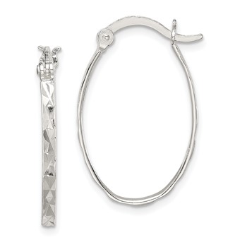 Sterling Silver Rhod-plated Polished/Textured 2mm Oval Hoop Earrings