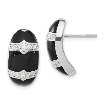 Sterling Silver Polished Black Enamel & CZ Post Dangle Earrings