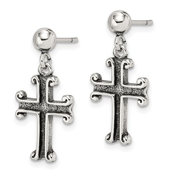 Sterling Silver Polished & Antiqued Cross Post Dangle Earrings — alternate view