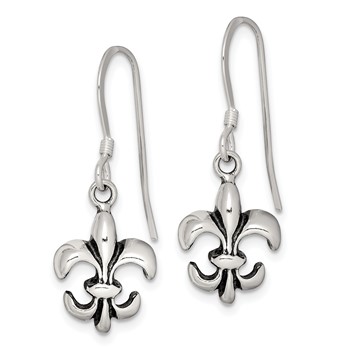 Sterling Silver Polished & Antiqued Fleur de Lis Dangle Earrings — alternate view