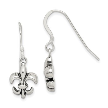 Sterling Silver Polished & Antiqued Fleur de Lis Dangle Earrings