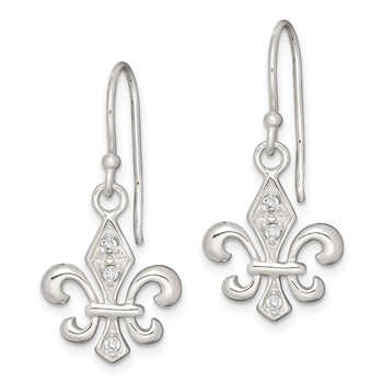 Sterling Silver Polished CZ Fleur de Lis Dangle Earrings — alternate view
