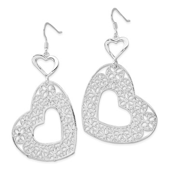 Sterling Silver Polished Fancy Filigree Heart Dangle Earrings — alternate view