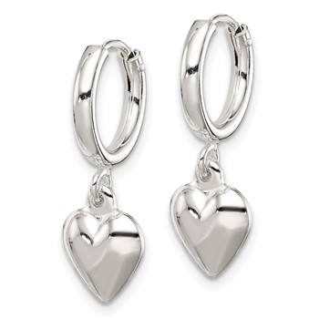 Sterling Silver Polished Puff Heart Dangle Hoop Earrings — alternate view