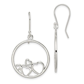 Sterling Silver Rhodium-plated Polished Open Hearts Circle Dangle Earrings