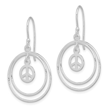 Sterling Silver Rhodium-plated Circles w/Peace Symbol Dangle Earrings — alternate view