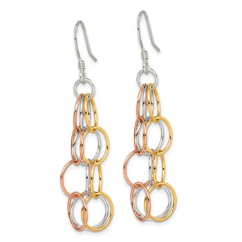 Sterling Silver w/ Tri-color Vermeil Polished Circle Link Dangle Earrings — alternate view