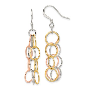Sterling Silver w/ Tri-color Vermeil Polished Circle Link Dangle Earrings