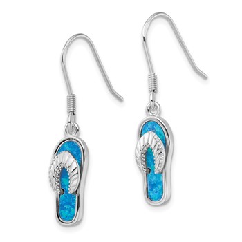Sterling Silver Rhodium-plated Created Blue Inlay Opal Sandal Dangle Earrings — alternate view