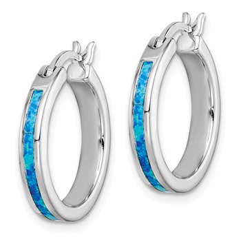 Sterling Silver Rhod-plated Created Blue Opal Inlay Round Hoop Earrings — alternate view
