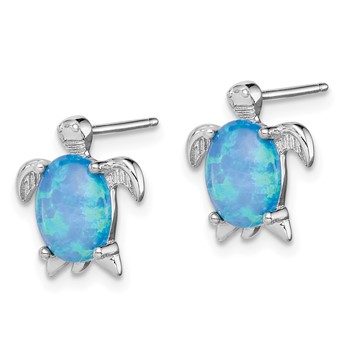 Sterling Silver Rhodium-plated Created Opal Polished Turtle Post Earrings — alternate view
