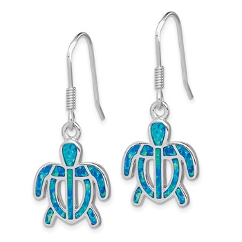 Sterling Silver Rhodium-plated Created Blue Opal Inlay Tortoise Dangle Earrings — alternate view
