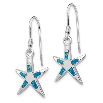 Sterling Silver Rhodium-plated Polished Created Blue Opal Inlay Starfish Dangle Earrings — alternate view