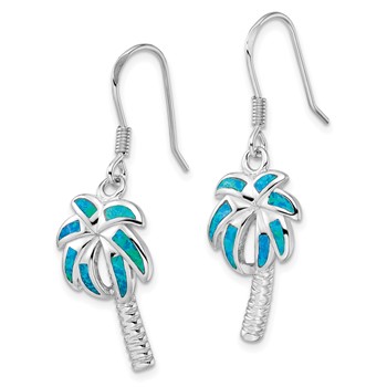 Sterling Silver Rhodium-plated Created Blue Opal Inlay Palm Tree Dangle Earrings — alternate view