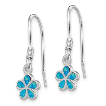 Sterling Silver Rhod-pltd Created Blue Opal Inlay Flower Dangle Earrings — alternate view