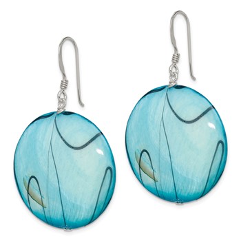 Sterling Silver Polished Blue Mother of Pearl Circle Dangle Earrings — alternate view