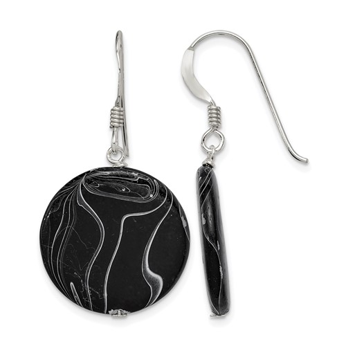 Sterling Silver Polished Black Agate Disc Dangle Earrings