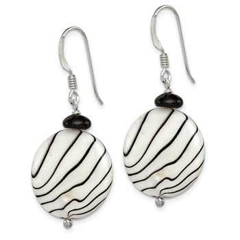Sterling Silver Polished Black Agate/Zebra Mother of Pearl Dangle Earrings — alternate view