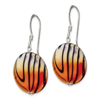 Sterling Silver Polished Orange/Black Mother of Pearl Disc Dangle Earrings — alternate view