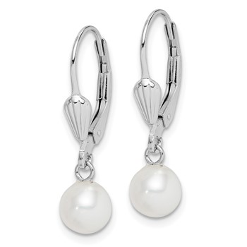 Sterling Silver Rhodium-plated 6-7mm White Round Freshwater Cultured Pearl Leverback Dangle Earrings — alternate view