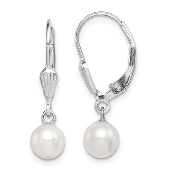 Sterling Silver Rhodium-plated 6-7mm White Round Freshwater Cultured Pearl Leverback Dangle Earrings