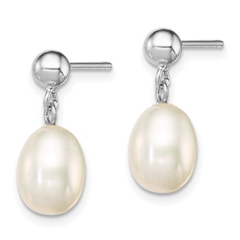 Sterling Silver Rhodium-plated 7-8mm White Rice Freshwater Cultured Pearl Post Dangle Earrings — alternate view